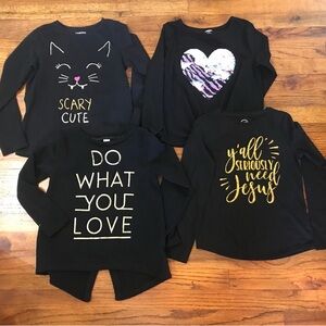Girls Sweaters Blouse Tops Shirts Set of 4
Black w/ Graphics 
Size Medium
Cotton